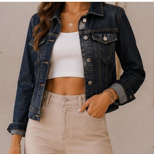 J. Jill Women Dark Wash Stretch Denim Trucker Jacket Indigo Xs 3/4 Sleeve